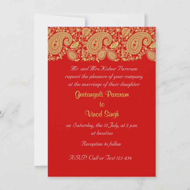 Invitation Mariage indien de Paisley rouge et or (Devant)