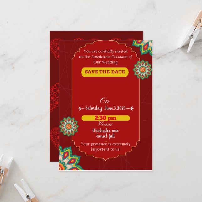 Invitation Mariage indien élégant rouge, enregistrer la date (Devant/Arrière en situation)