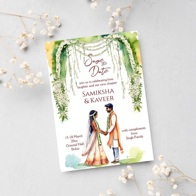 Invitation Mariage indien enregistrer le couple de dates sous (Indian wedding save the date template invitation instant download Indian bridal couple cartoon gajra)