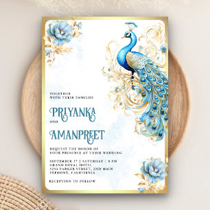 Invitation Mariage indien floral bleu pastel or paon
