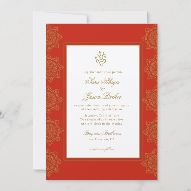 Invitation Mariage indien Ganesh Red & Gold Mandala (Devant)