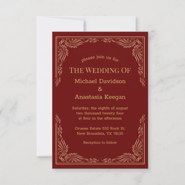 Invitation mariage indien géométrique en or rouge traditionne (Devant)