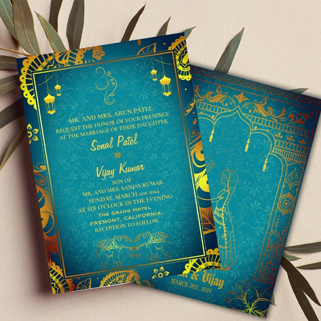 Invitation Mariage indien hindou avec symbole Ganesha Turquoi (Créateur téléchargé)