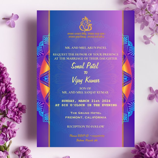 Invitation Mariage indien hindou violet rose Chakra Ganesha (Créateur téléchargé)