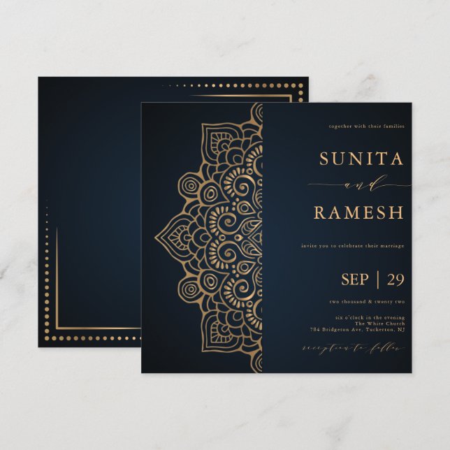 Invitation Mariage indien Mandala élégant en or bleu foncé (Devant / Derrière)