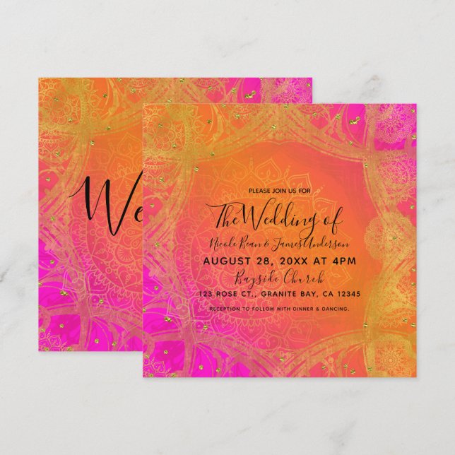 Invitation Mariage indien Mandala Pink Orange (Devant / Derrière)