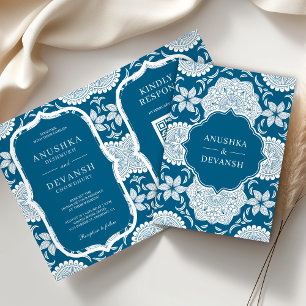 Invitation Mariage indien Mandala QR Code bleu et blanc