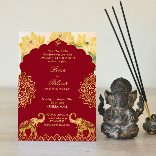 Invitation Mariage indien marron or éléphant lotus (Créateur téléchargé)