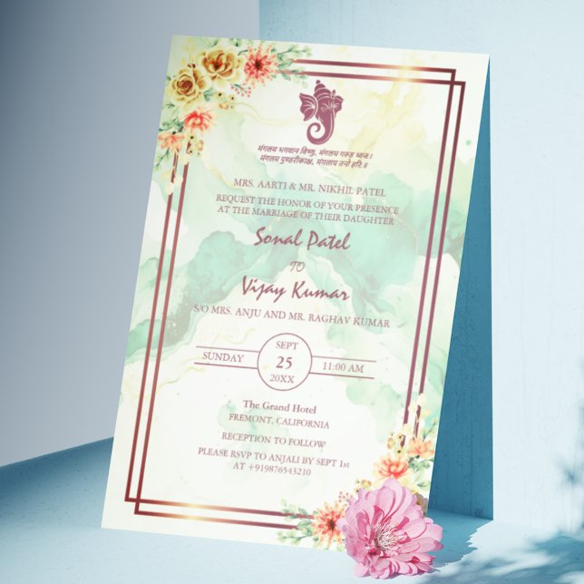 Invitation Mariage indien moderne Ganesha Marbre fleuri (Créateur téléchargé)
