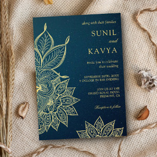 Invitation Mariage indien moderne or bleu galaxie henna
