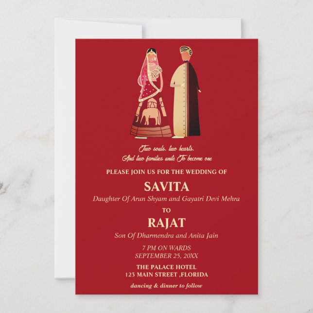 Invitation Mariage indien moderne rouge et or (Devant)