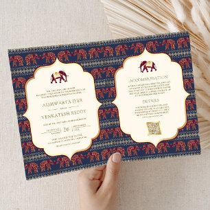 Invitation Mariage indien Navy Blue Burgundy Gold Elephant