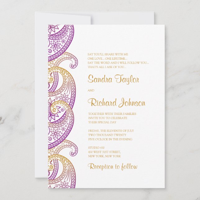 Invitation Mariage indien Paisley Purple & Gold (Devant)