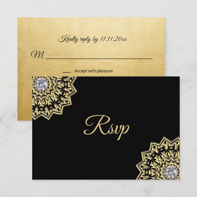 Invitation Mariage indien personnalisé Mandala noir or RSVP (Devant / Derrière)