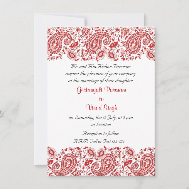 Invitation Mariage indien rouge et blanc (Devant)