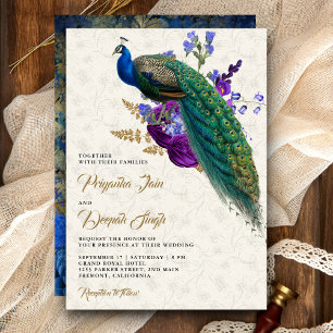 Invitation Mariage indien Royal Blue Floral au thème du paon