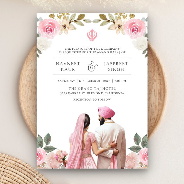 Invitation Mariage indien Sikh Anand Karaj aux fleurs roses (Créateur téléchargé)