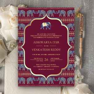 Invitation Mariage indien tout-en-un éléphant Bourgogne Navy