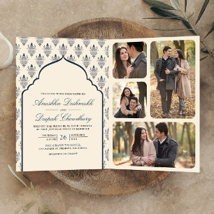Invitation Mariage indien tout-en-un en ikat bleu marine crèm