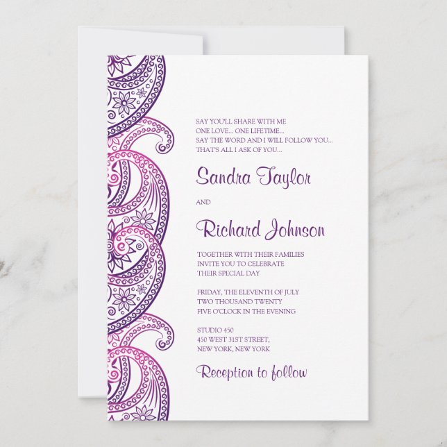 Invitation Mariage indien traditionnel Paisley Purple & Pink (Devant)