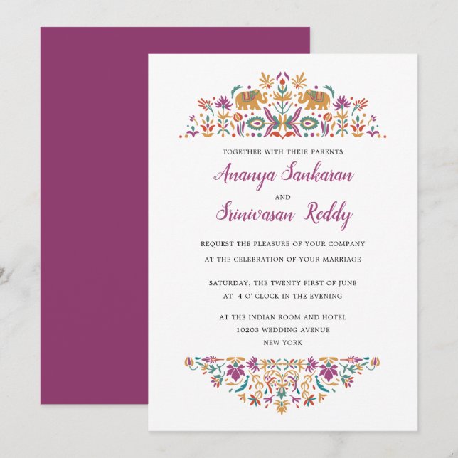 Invitation Mariage indien violet fleur (Devant / Derrière)