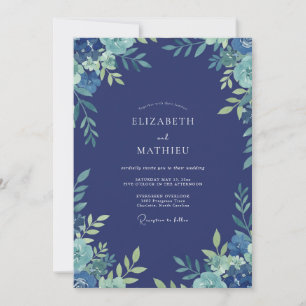 Invitation Mariage Indigo Aqua Feuillu