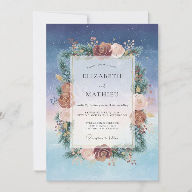Invitation Mariage Indigo Bourgogne Ranunculus Eucalyptus (Devant)