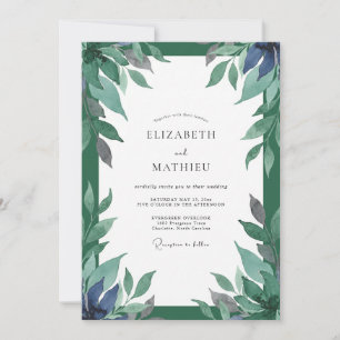 Invitation Mariage Indigo Sarcelle Feuillage Eucalyptus Pouss