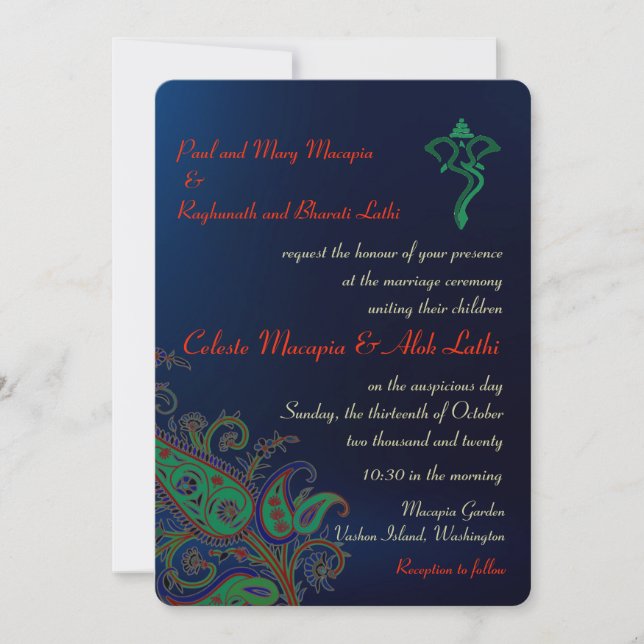 Invitation Mariage indou floral de Ganesh Paisley de bleu (Devant)