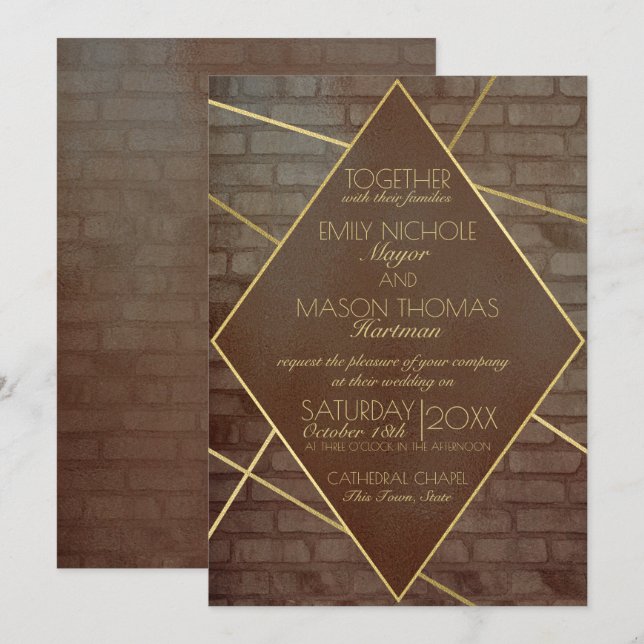 Invitation Mariage industriel en brique et bronze (Devant / Derrière)