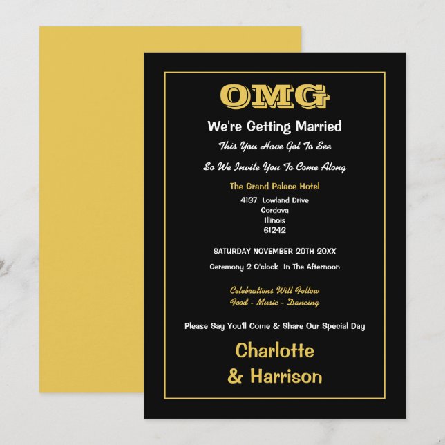 Invitation Mariage informel Black Gold (Devant / Derrière)
