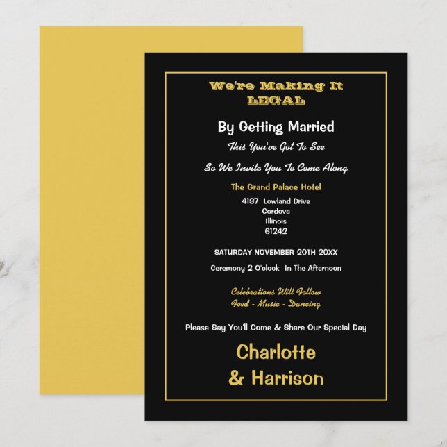 Invitation Mariage informel Black Gold (Devant / Derrière)