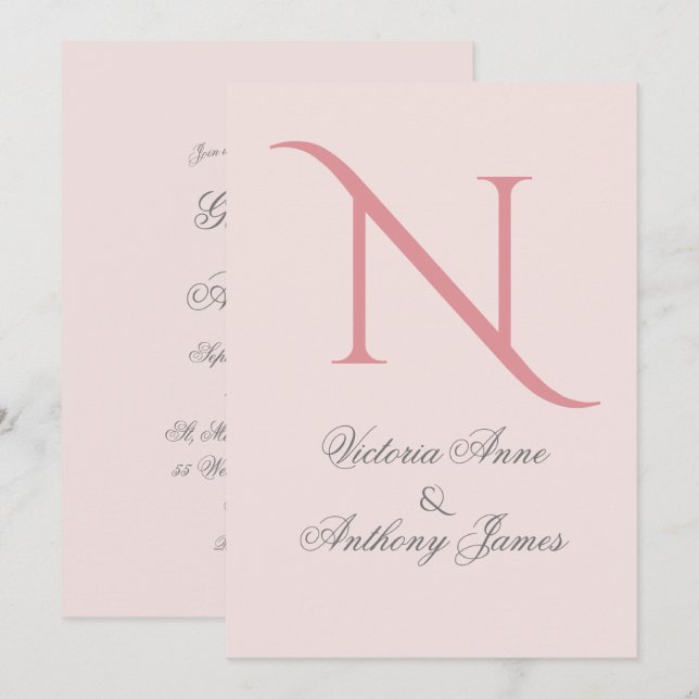 Invitation Mariage initial du monogramme rose (Devant / Derrière)