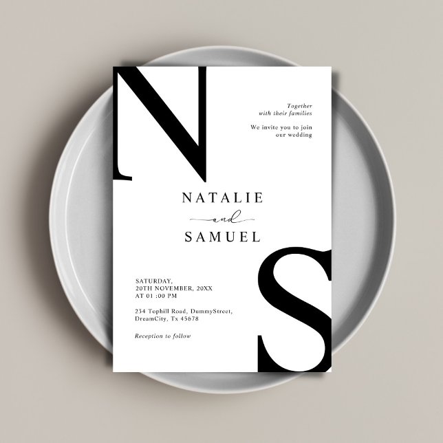 Invitation Mariage initial en noir et blanc élégant minimal (Créateur téléchargé)