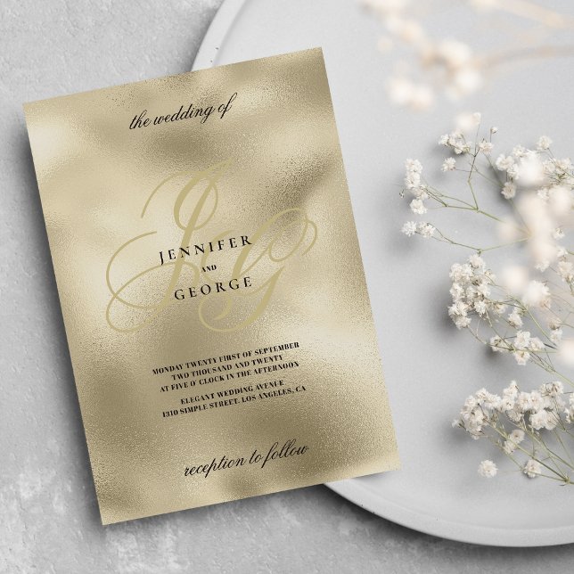 Invitation Mariage initial en or et monogramme noir (Luxury gold and black monogram initial wedding invitation )