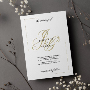 Invitation Mariage initial minimaliste en or blanc monogramme