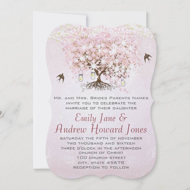 Invitation Mariage Inséparable simple Pink Heart Leaf Tree (Devant)