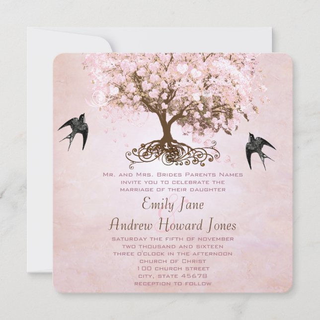 Invitation Mariage Inséparable simple Pink Heart Leaf Tree (Devant)