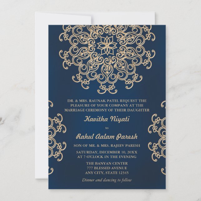 Invitation Mariage inspiré de la Marine et de l'or indien (Devant)