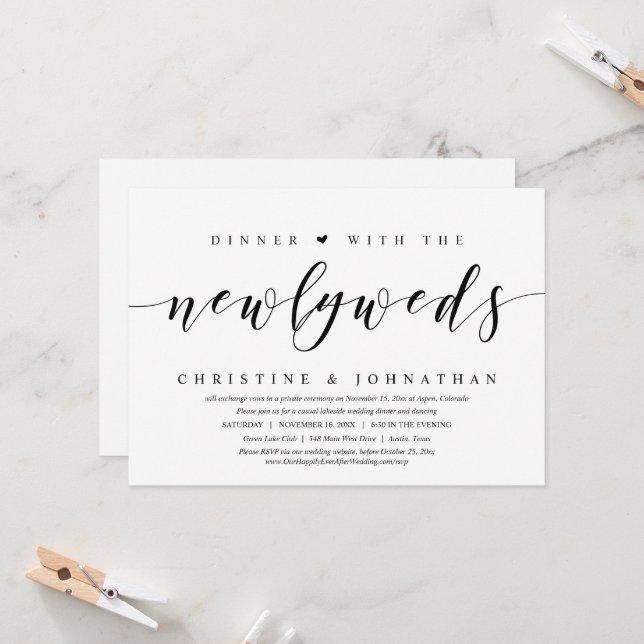 Invitation Mariage Intime, Dîner Avec les Nouveaux Mariés (Devant/Arrière en situation)