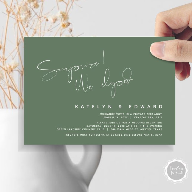 Invitation Mariage Intime Moderne, Surprise, nous nous sommes (Modern Wedding Elopement, Surprise, we eloped, dinner Invitation Card, PDF, in Forest Sage Green)
