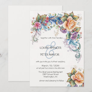 Invitation Mariage Invita Retro, bleu clair et fleurs de pêch