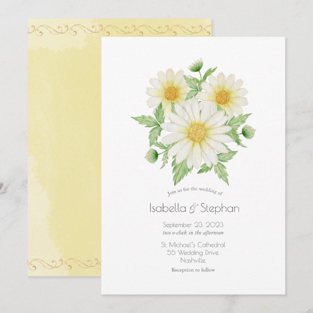 Invitation Mariage Invitat de  de marguerites blanches jaunes (Devant / Derrière)