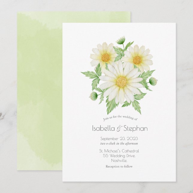 Invitation Mariage Invitat de  de marguerites blanches jaunes (Devant / Derrière)