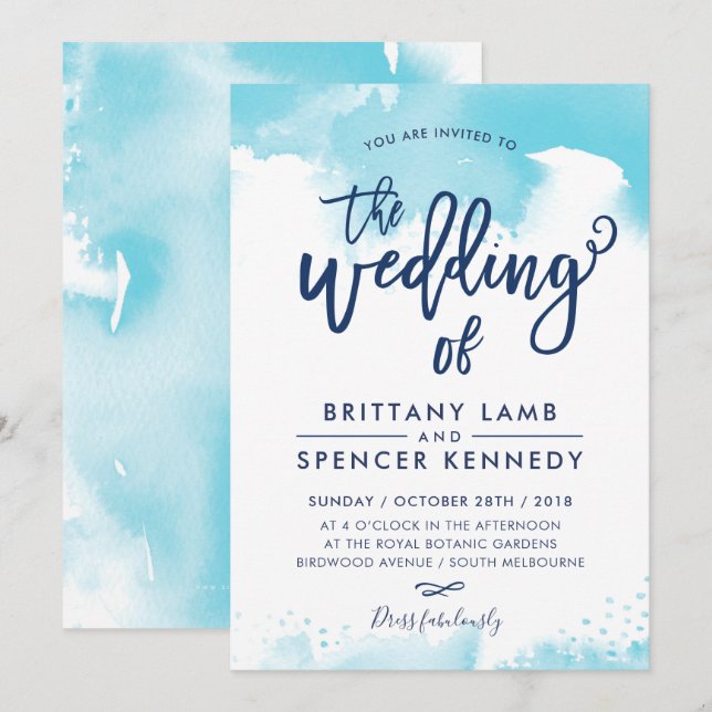 Invitation MARIAGE INVITE moderne style aqua bleu aquarelle (Devant / Derrière)