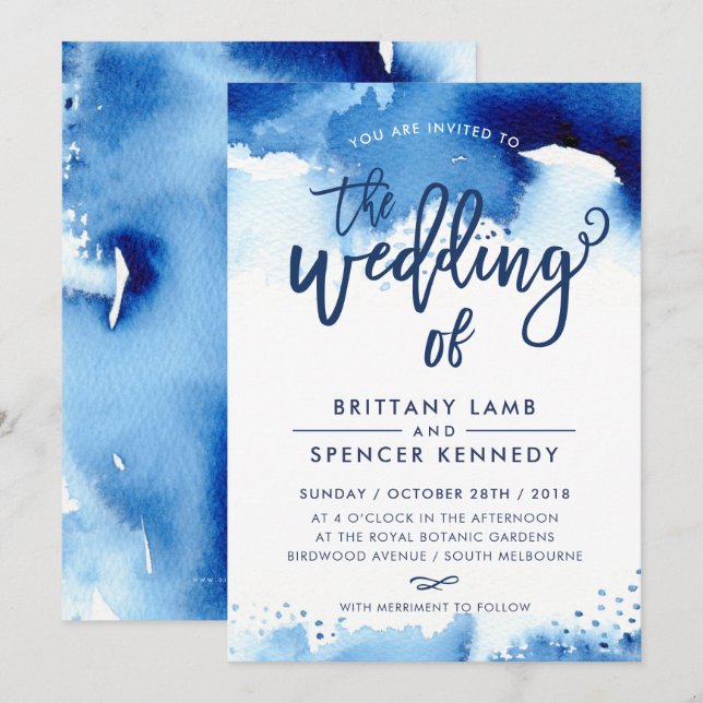 Invitation MARIAGE INVITE moderne style marine bleu aquarelle (Devant / Derrière)