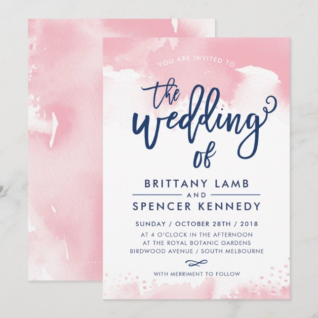 Invitation MARIAGE INVITE moderne style marine rose aquarelle (Devant / Derrière)