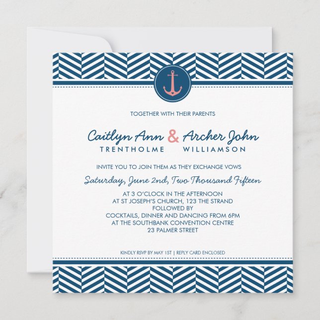 Invitation MARIAGE INVITER ancre nautique coeur marine corail (Devant)