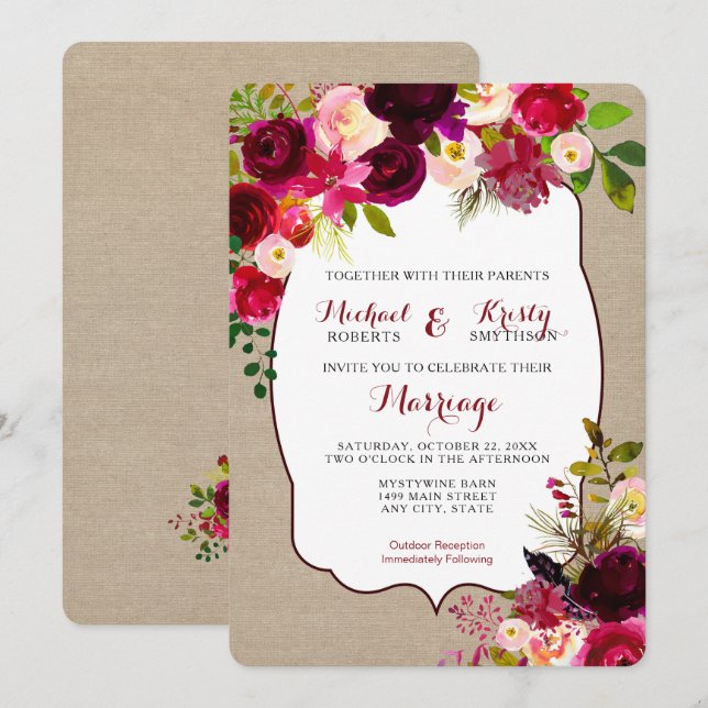 Invitation Mariage Inviter, bordeaux fleuri rustique 3979 (Devant / Derrière)