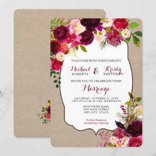 Invitation Mariage Inviter, bordeaux fleuri rustique 3979